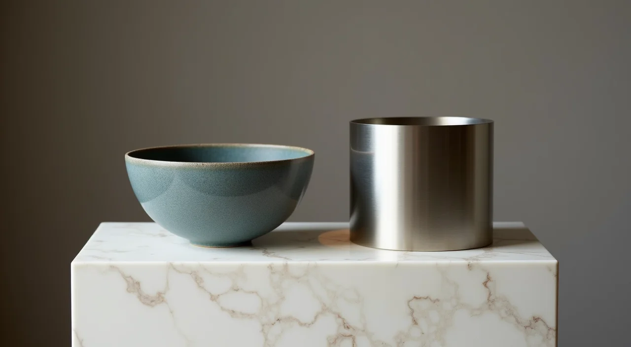 A ceramic bowl and a brushed metal cylinder placed side by side on a marble plinth under focused lighting, representing the comparison between legacy and alternative database archi