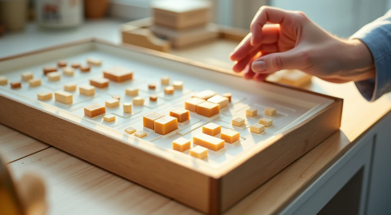 Close-up of a sorting tray with compartments holding distinct sample blocks, illustrating structured evaluation criteria for database selection.