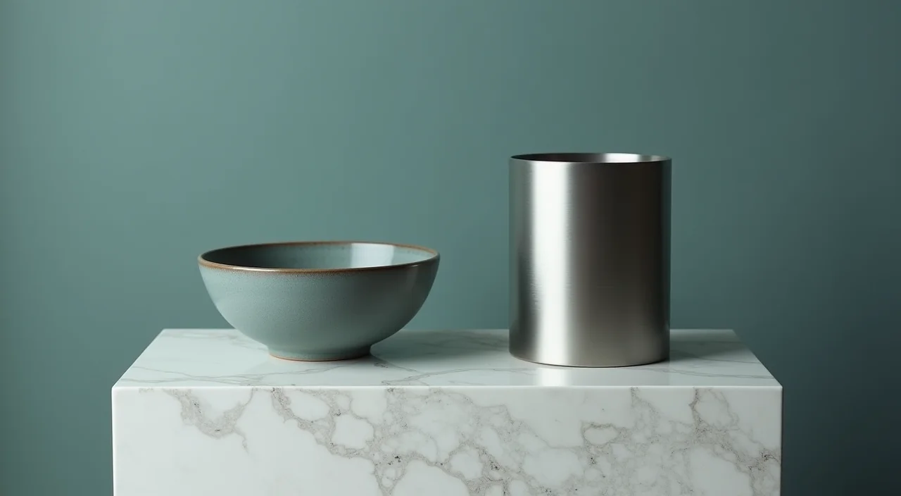 Ceramic bowl and brushed metal cylinder side by side on marble plinth representing Oracle and KingbaseES comparison