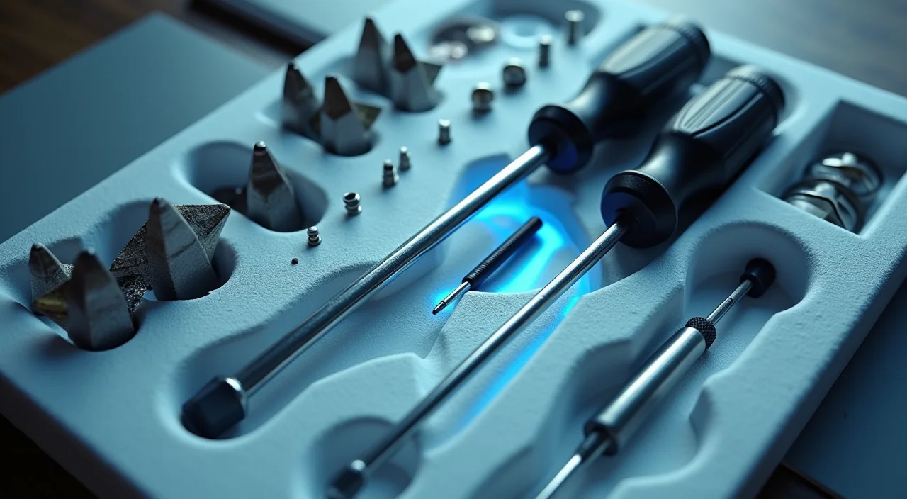 Technical tutorial metaphor: precision tools in foam cutouts representing architectural layers