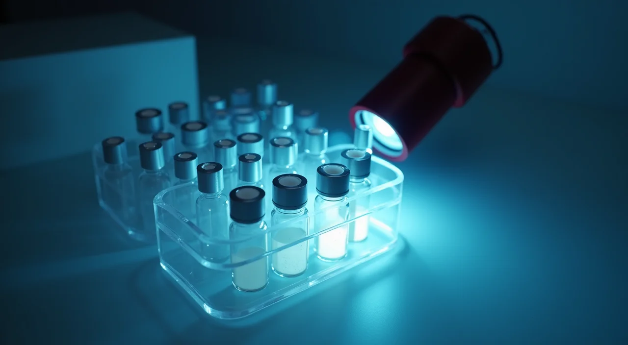 Close-up of a diagnostic kit with blank vials and a flashlight on a linen surface, representing the analysis of Oracle RAC costs