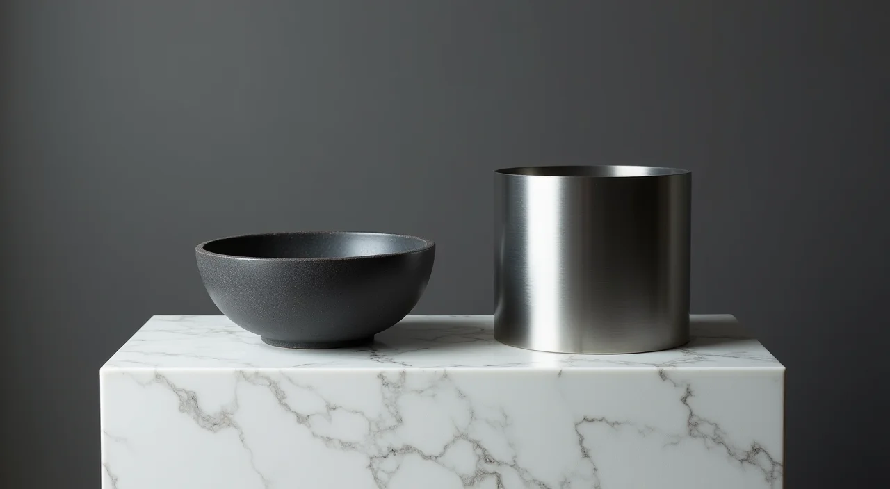 Ceramic bowl and brushed metal cylinder side by side on marble plinth representing Oracle and KingbaseES comparison