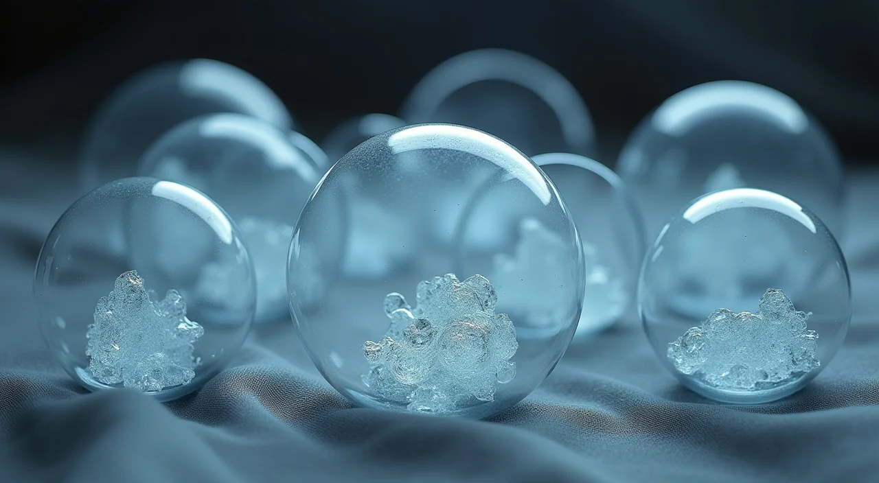Nested transparent glass shells around a solid ceramic core on a linen surface, representing core definition versus periphery in multi-write database architectures