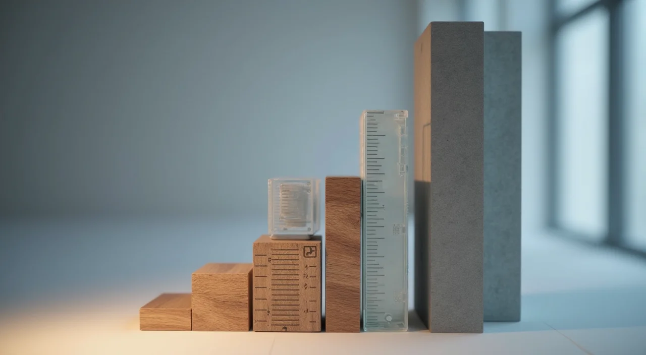 Stepped graphite tolerance gauge blocks arranged on a walnut surface, illustrating precision selection criteria