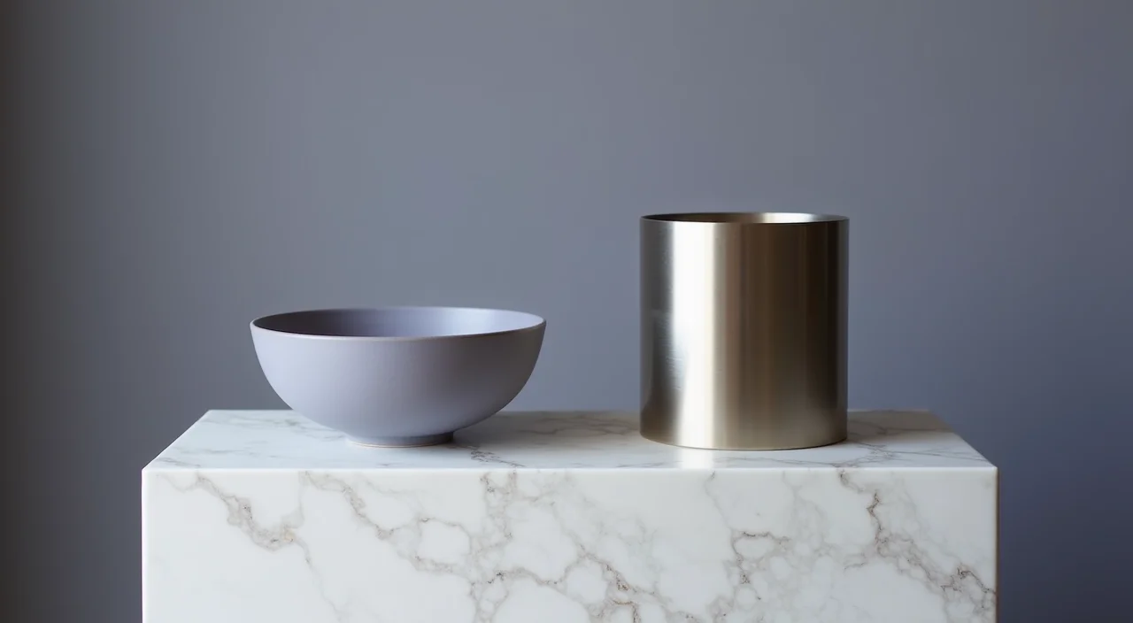 A ceramic bowl and a brushed metal cylinder placed side by side on a marble surface, representing the comparison of structural integrity and material differences during a database