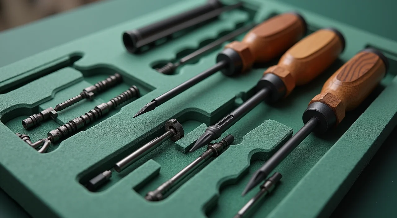 Close-up of precision tools arranged in a foam insert, symbolizing the structured architectural separation of enterprise database components for AI infrastructure.