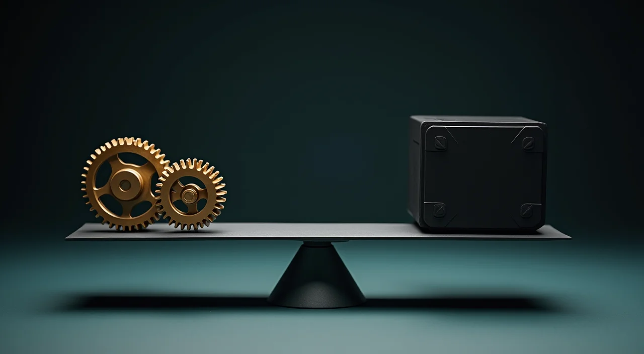A precision balance scale comparing a legacy brass gear assembly against a modern black computational module, symbolizing the architectural trade-offs in high availability database