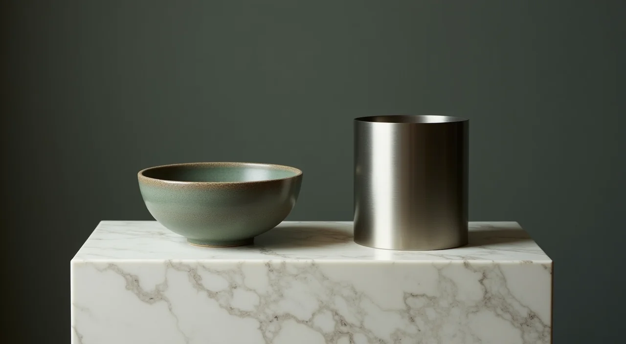 Ceramic bowl and brushed metal cylinder displayed side by side on a marble plinth, representing a comparison of enterprise database alternatives.