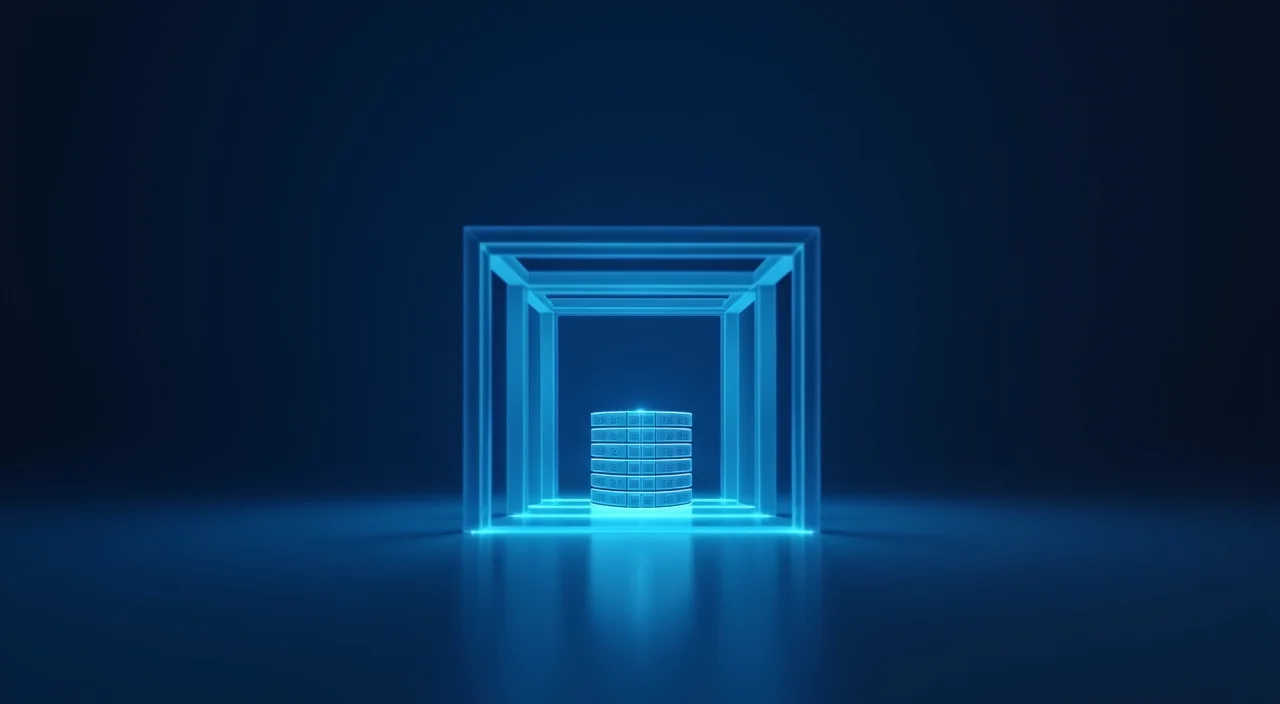 A minimalist dark blue and cyan abstract illustration of a single enterprise database architecture node, representing a diagnostic framework for Oracle migration analysis.