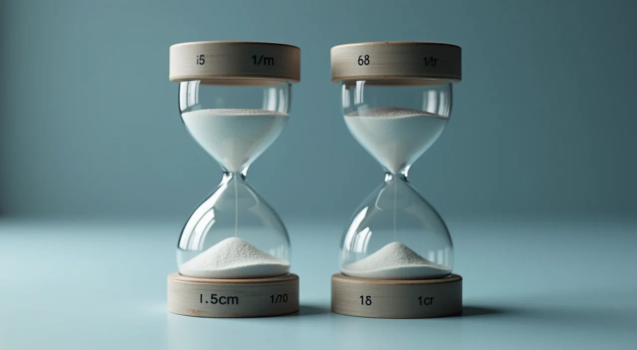 Two frosted glass cylinders containing measured sand volumes side by side, illustrating the concept of quantifying baseline differences and migration gaps without numerical labels.