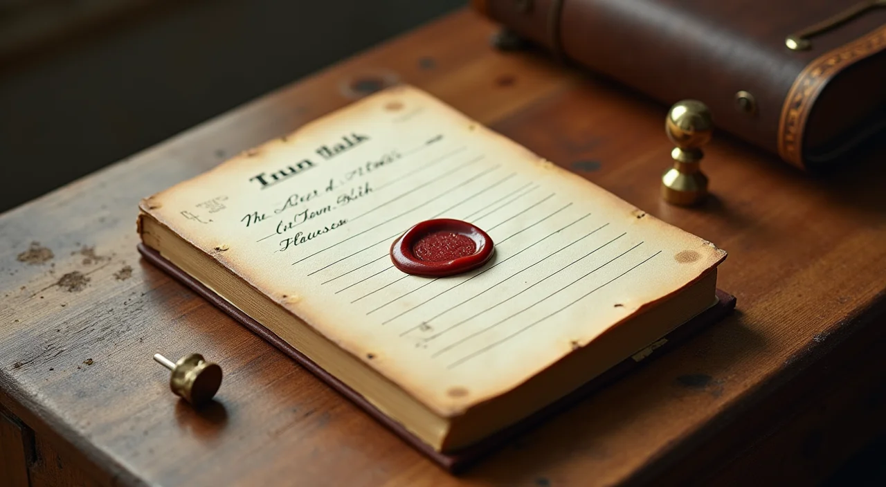 A ledger book with a wax seal and brass stamp on a linen surface under side backlight