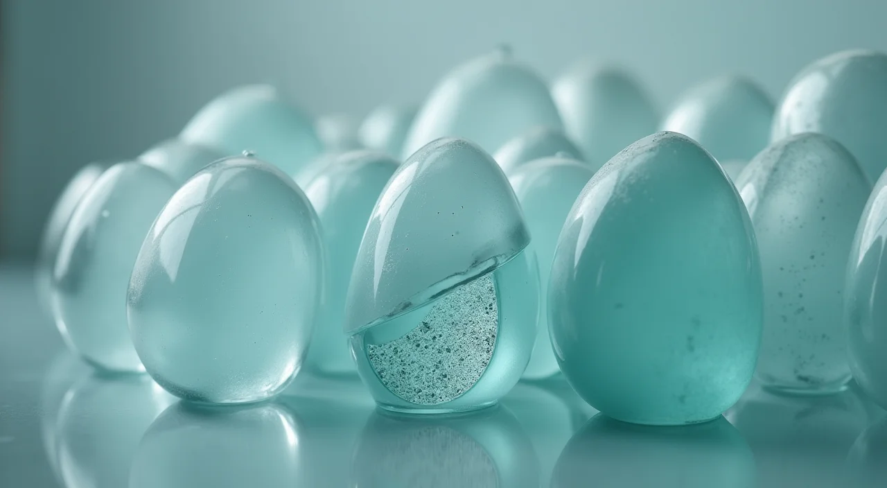 Nested transparent glass shells surrounding a solid ceramic core, illustrating core definitions versus peripheral complexities in multi-write database architecture.