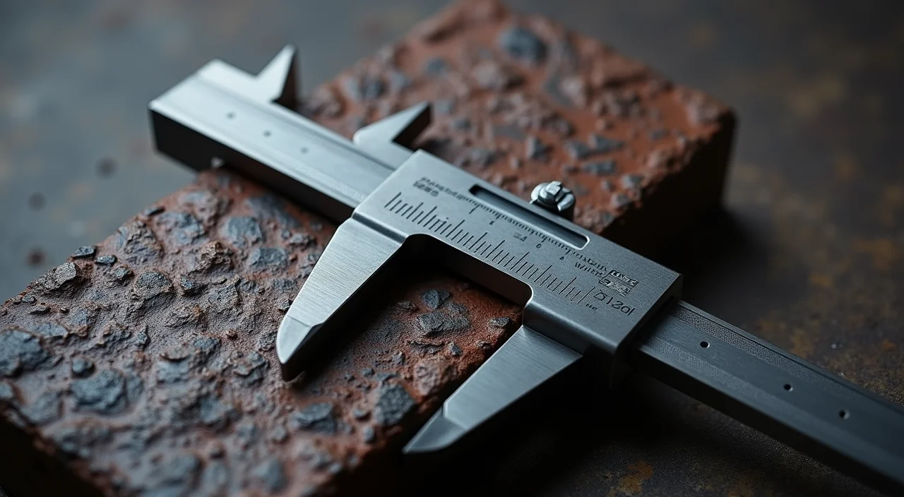 Industrial caliper gauge measuring the gap between two metal blocks on a dark stone surface, symbolizing precise technical evaluation.