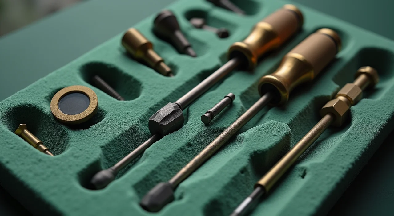 A precision screwdriver set arranged in foam cutouts on a linen surface, representing the careful selection and technical preparation required for enterprise database migration.