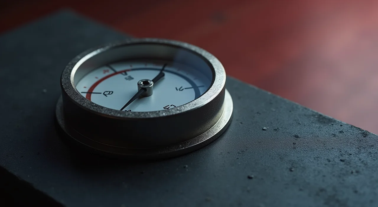 A precision steel calibration gauge with a needle at zero, symbolizing high availability and zero data loss for enterprise database migration.