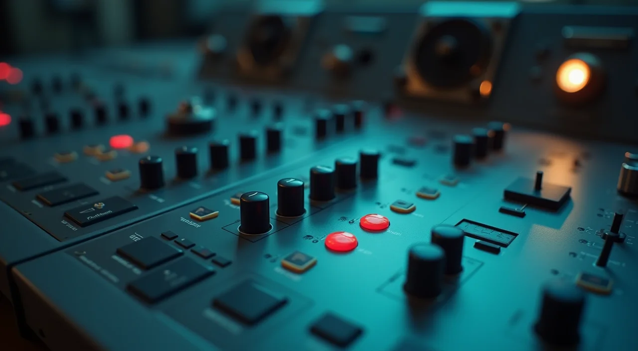 Close-up of a minimalist industrial control console with matte controls and brass accents under side lighting