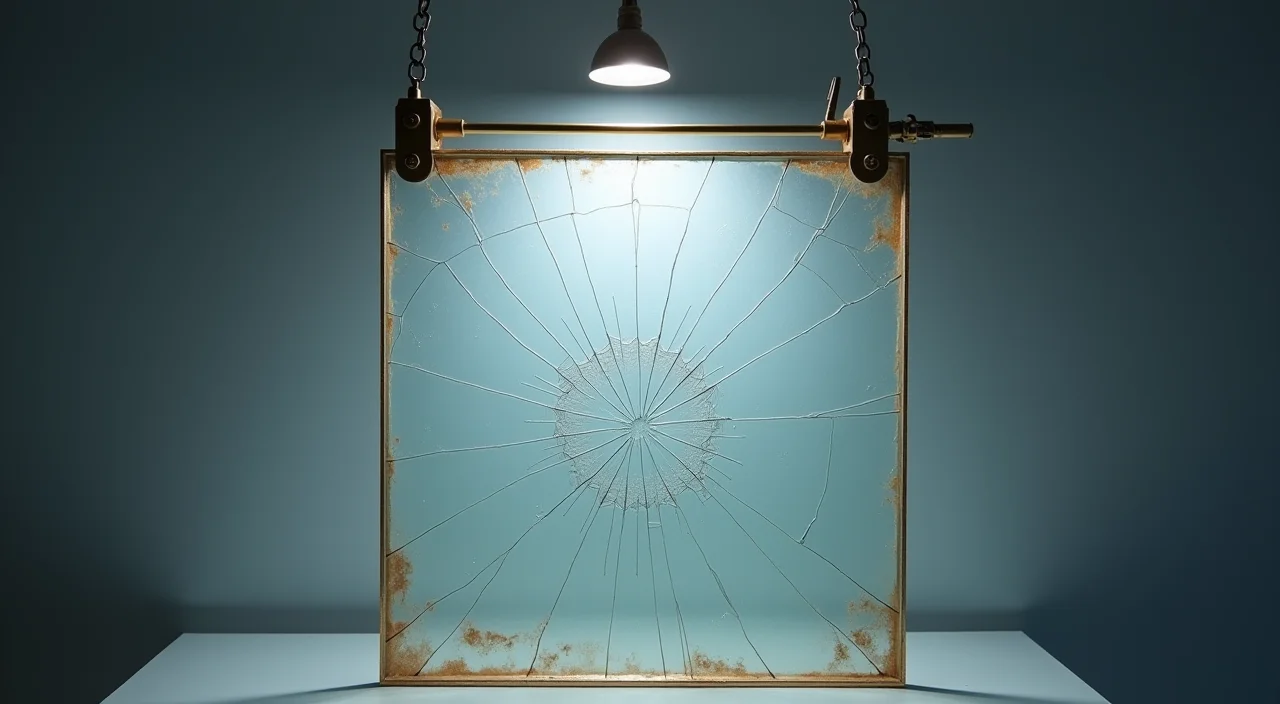 A close-up of a cracked glass pane secured by a brass clamp, illuminated by a focused spotlight to highlight the fracture lines for security risk assessment.