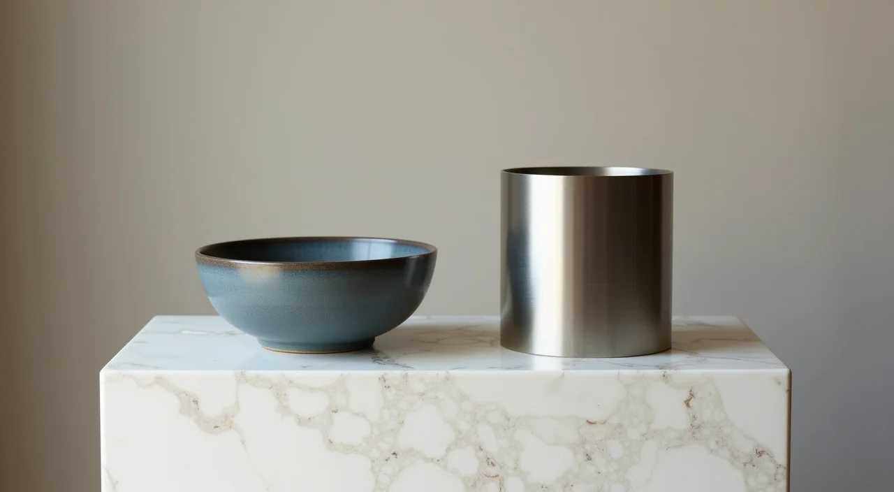 Two distinct vessels representing database alternatives placed side by side on a marble plinth under soft lighting.
