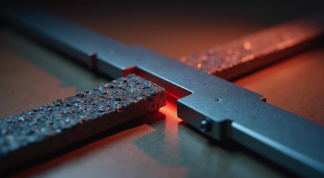 A precision caliper measuring the gap between a weathered industrial block and a smooth modern surface, symbolizing the gap analysis required for PL/SQL database migration.