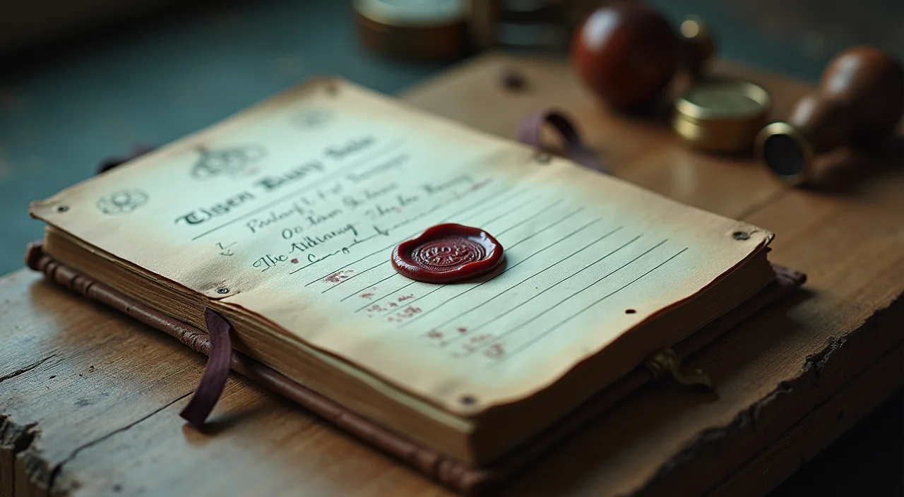 Close-up of a walnut ledger book sealed with wax and brass, symbolizing verified data integrity for Oracle migration assessments