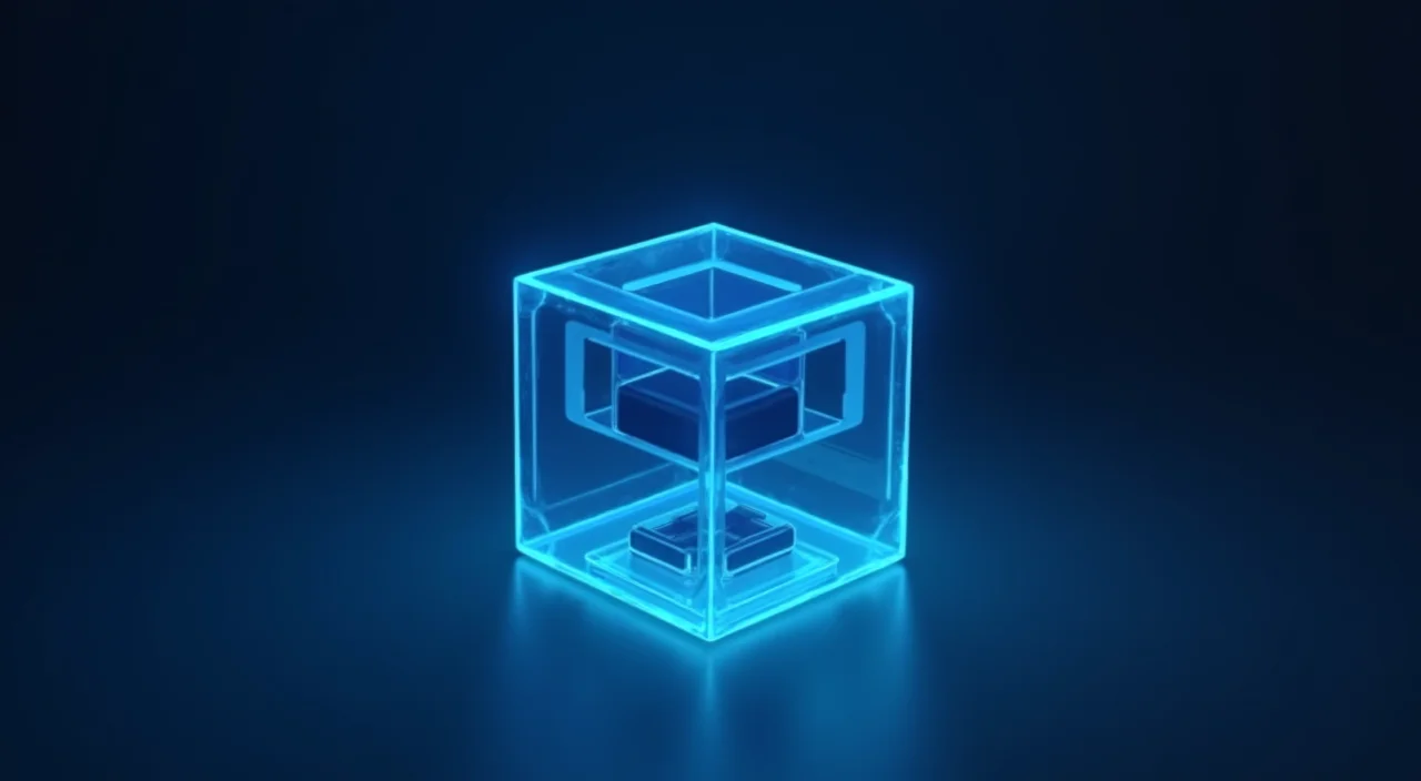 A translucent dark blue and cyan geometric cube representing a unified enterprise database on a clean dark background.