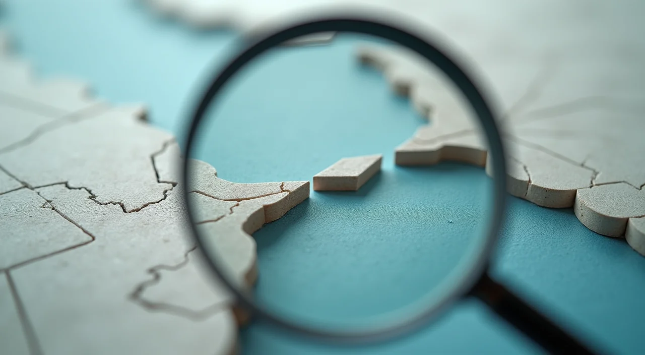 Close-up of a brass magnifying glass examining a fine crack in a clear acrylic panel, symbolizing technical diagnostic scrutiny.
