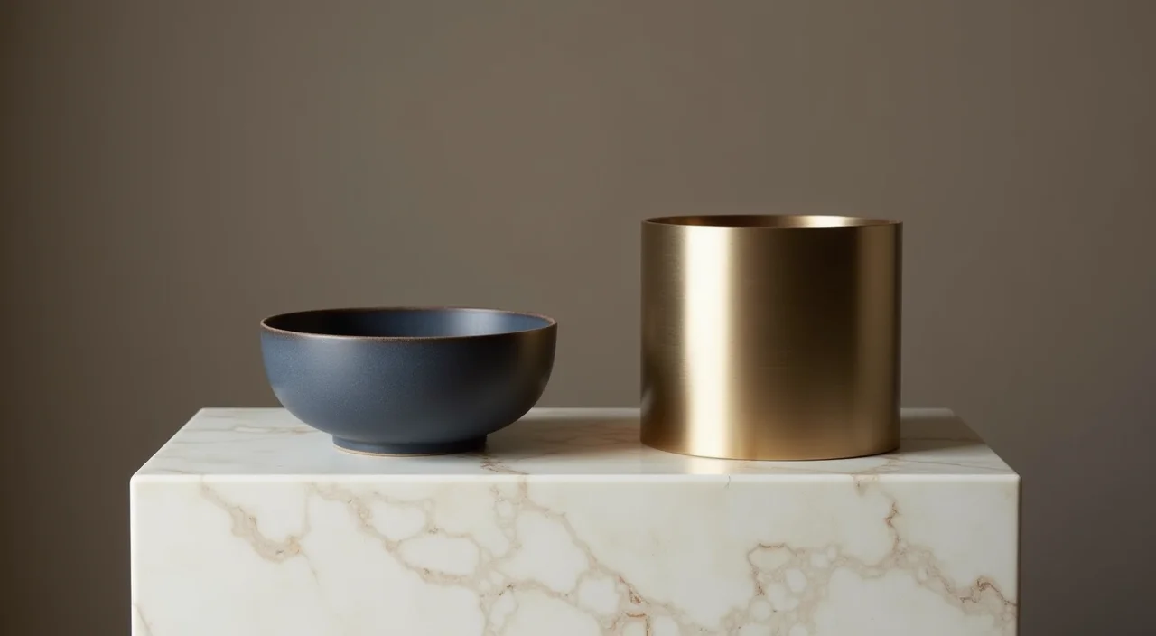 Ceramic bowl and brushed metal cylinder side by side on a marble plinth representing database architecture choices