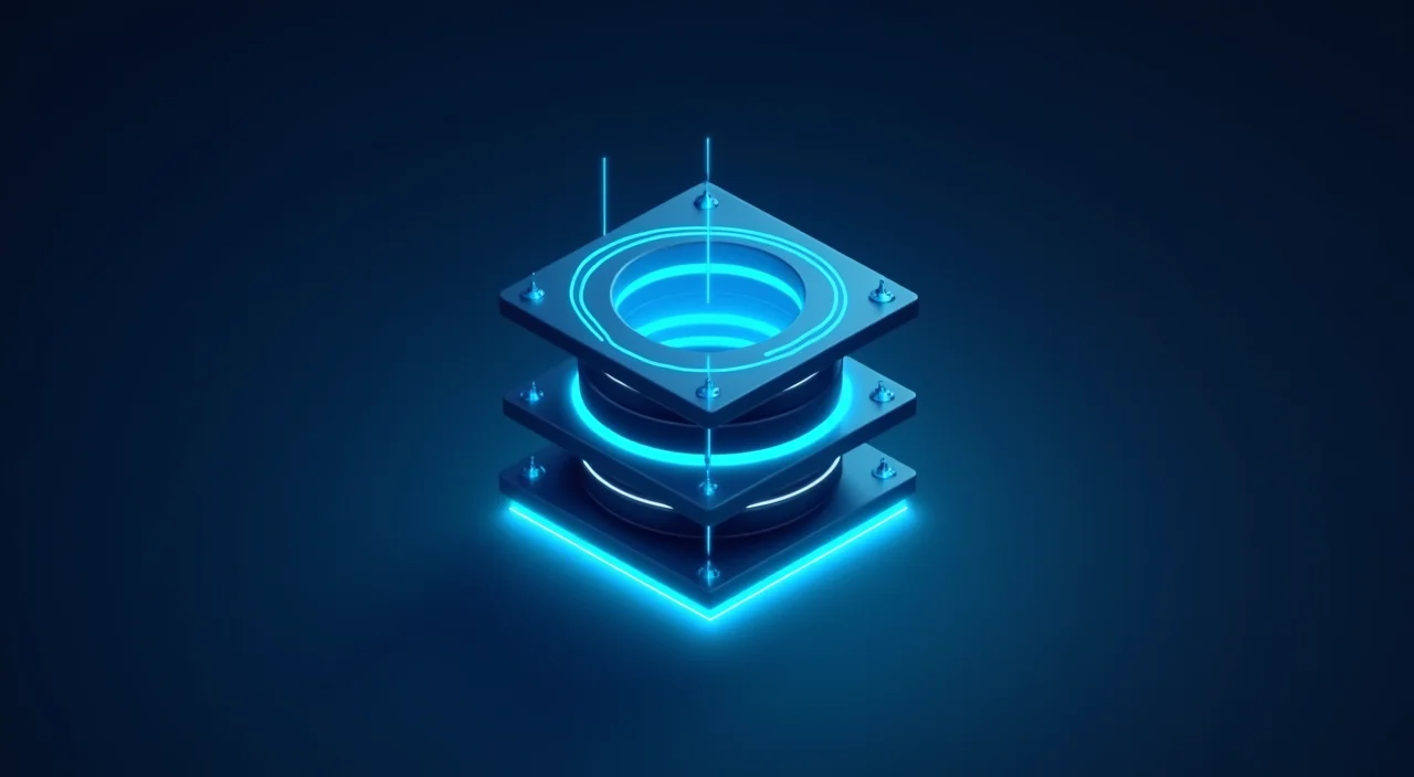 Abstract 3D illustration of a secure enterprise database architecture node glowing in cyan against a dark blue background.