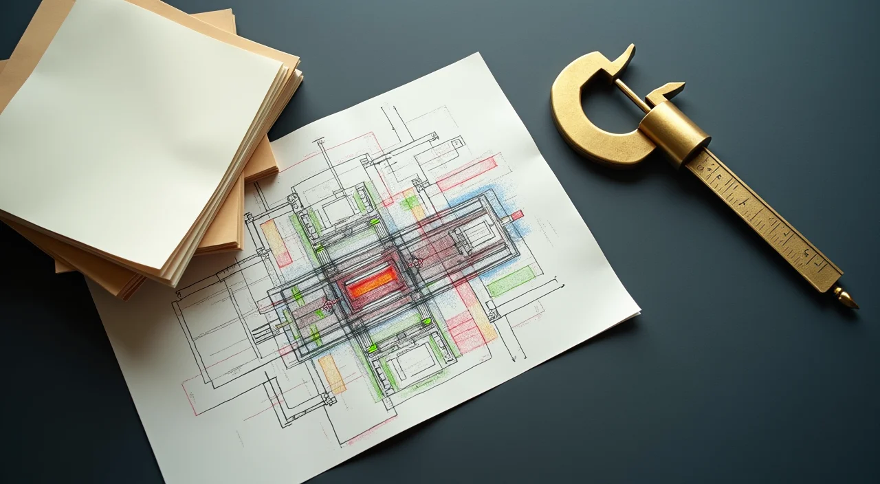 A top-down view of technical manuals, a blueprint with red disqualifier markings, and a brass caliper on a desk.