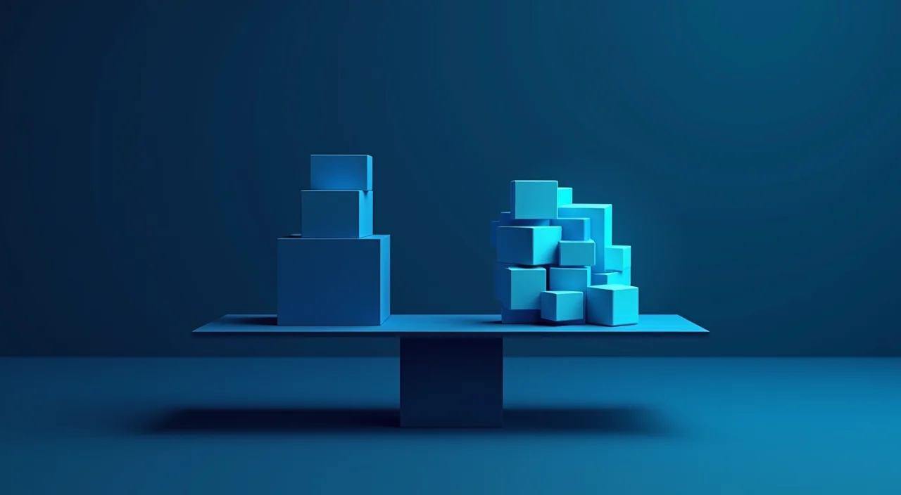 Abstract balance scale comparing legacy licensing costs against migration risk effort in dark blue and cyan tones.