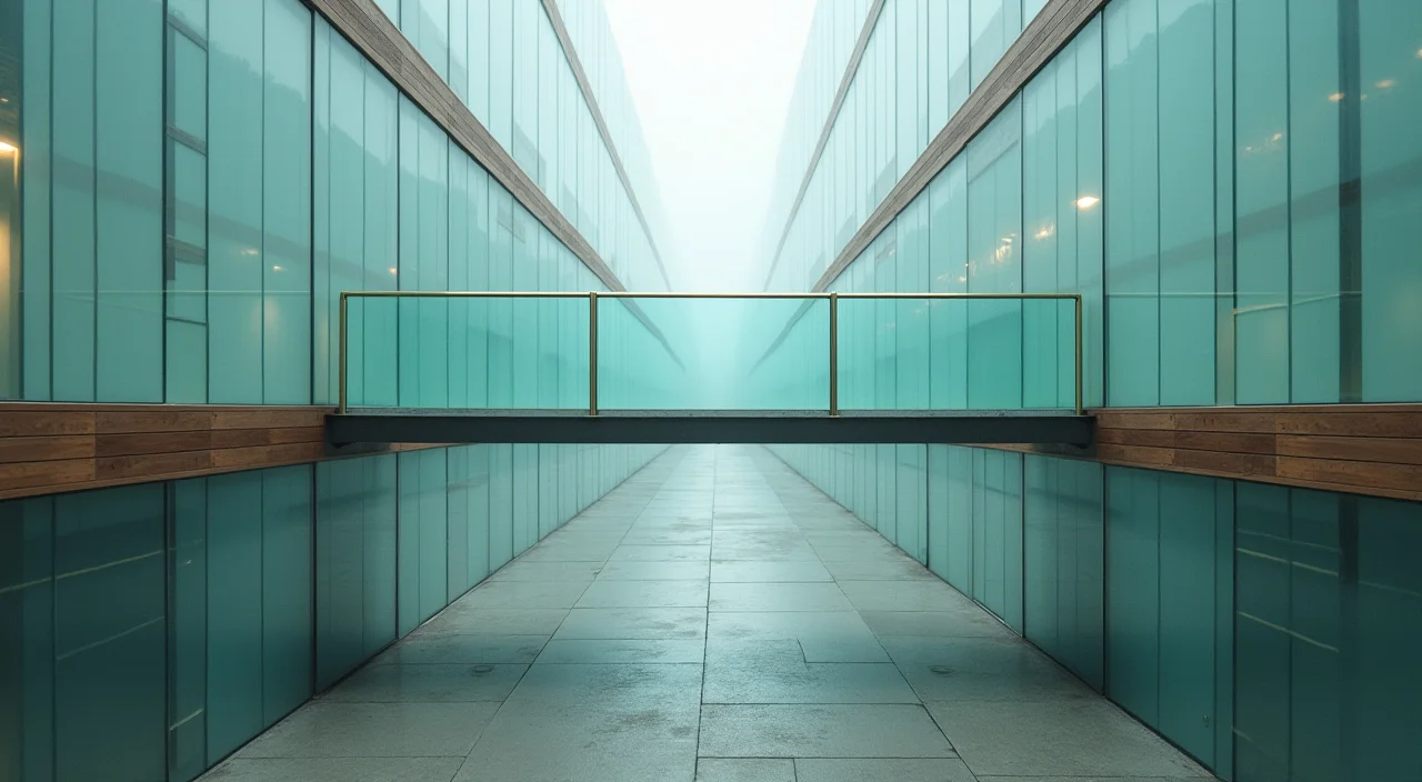 A frosted glass and brass trestle bridge connecting two walnut platforms, illustrating the risk and transition of database migration.