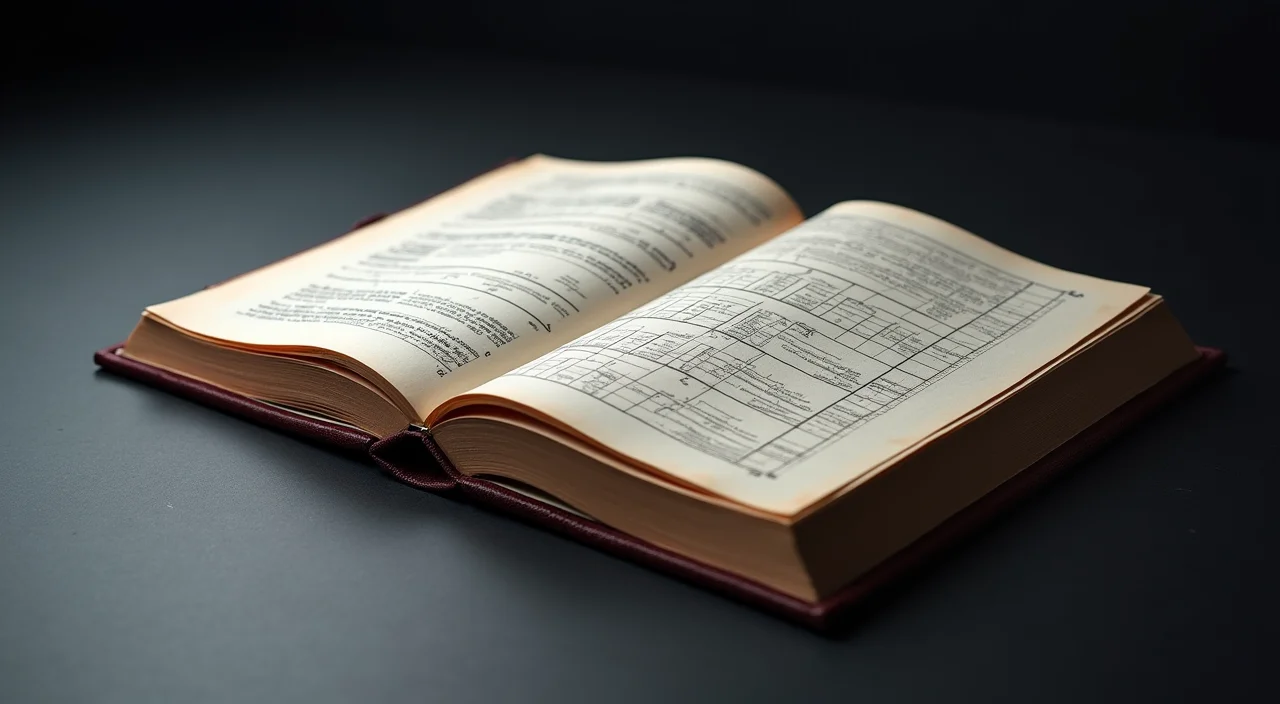 A steel-bound ledger book with technical schematics representing a security validation protocol for database migration.