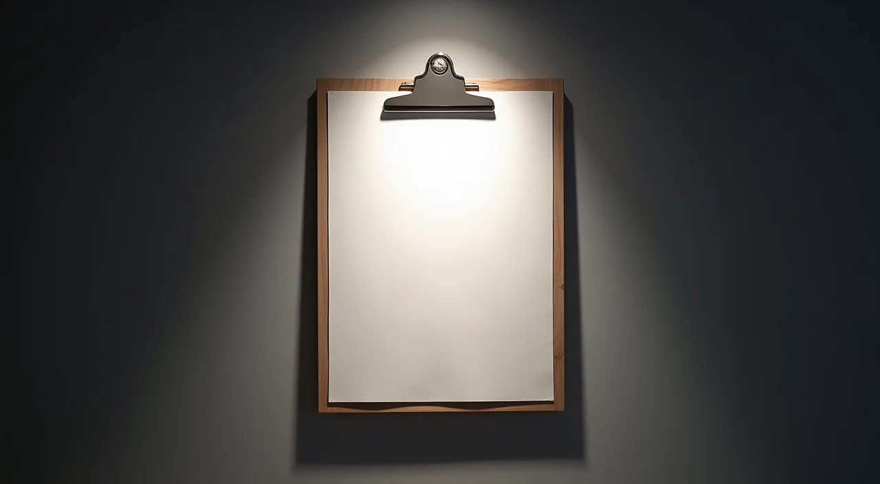 A blank approval clipboard on a walnut desk under museum spotlight, symbolizing the verified readiness for a zero-downtime database migration.