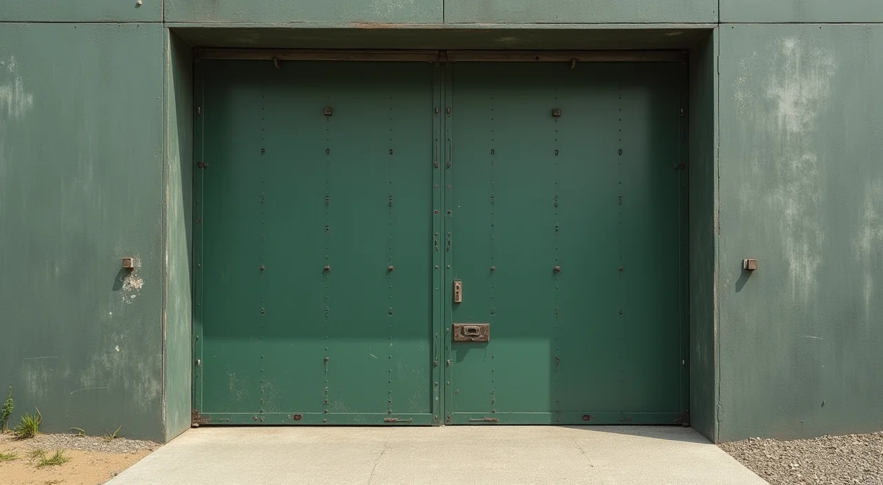 A half-open industrial sliding shutter representing migration risk control, photographed in a minimalist editorial style