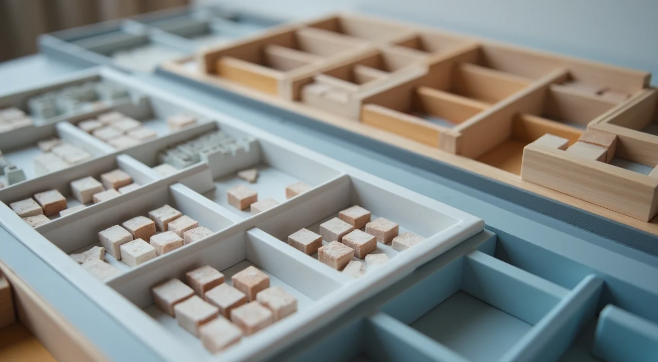 Close-up of a sorting tray with compartments holding different material samples for technical evaluation