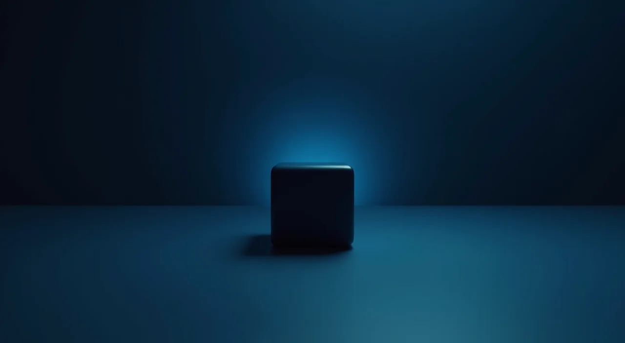 A solitary black geometric cube on a dark surface illuminated by cyan light, symbolizing a stable commercial database alternative.