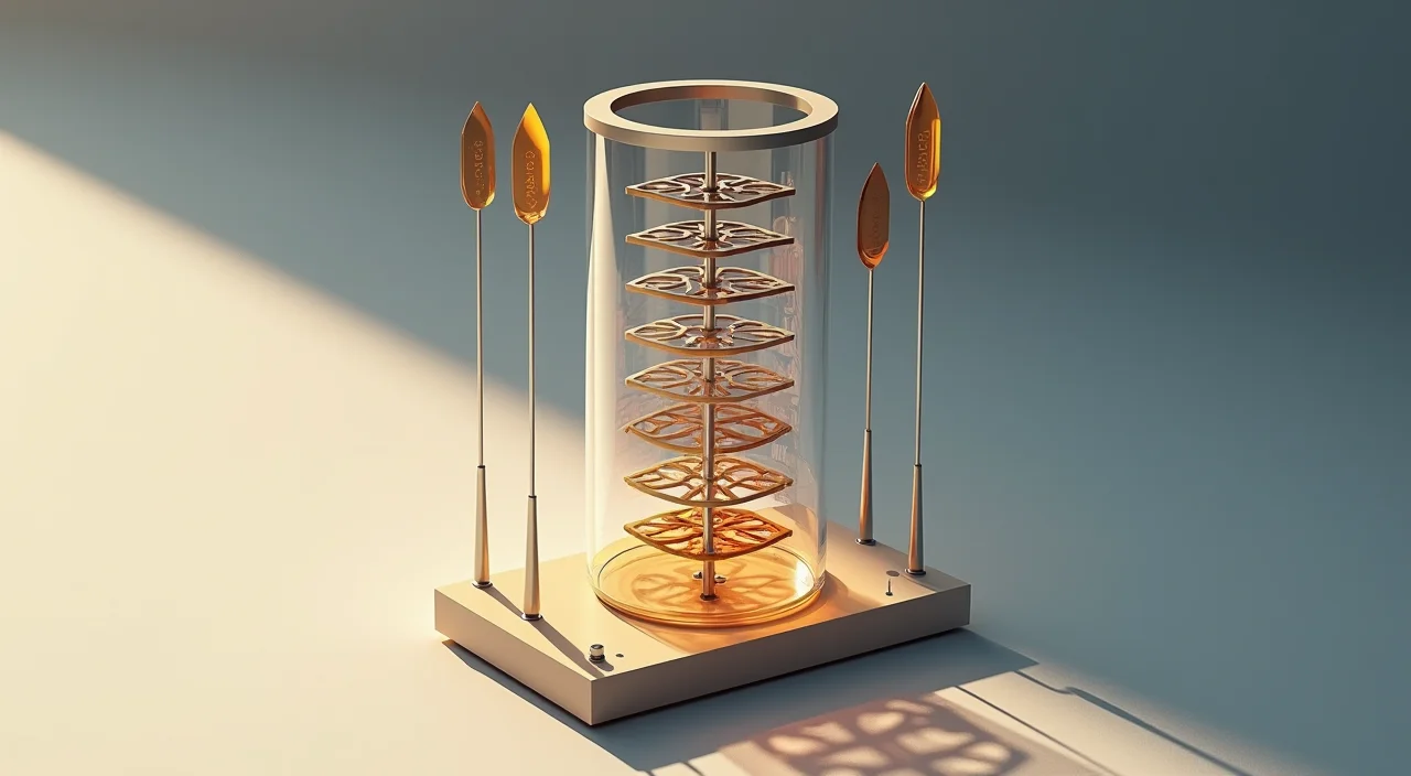 A precision calibration instrument with glass and steel components evaluating a database lattice structure against a navy and ivory background.
