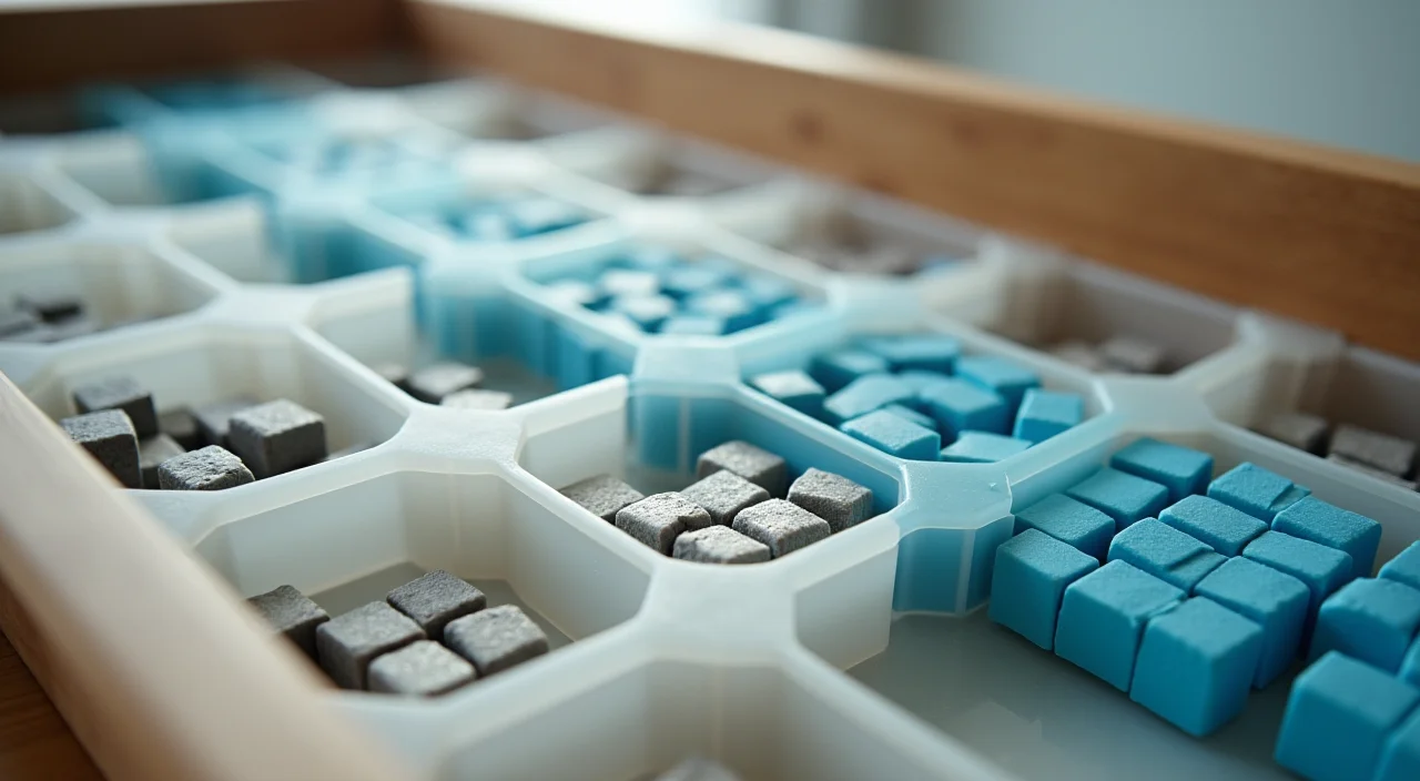 Close-up of a walnut sorting tray with frosted glass and matte acrylic compartments holding distinct sample blocks