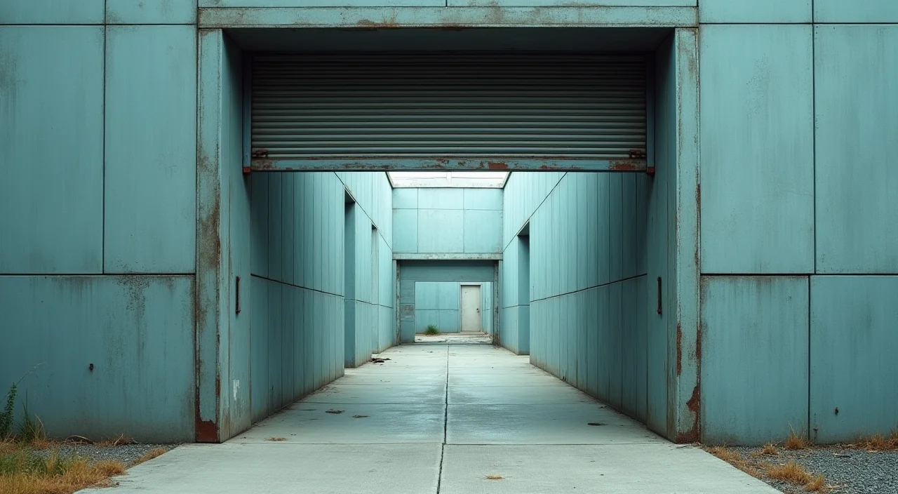 Half-open industrial shutter representing controlled migration risk and rollback readiness