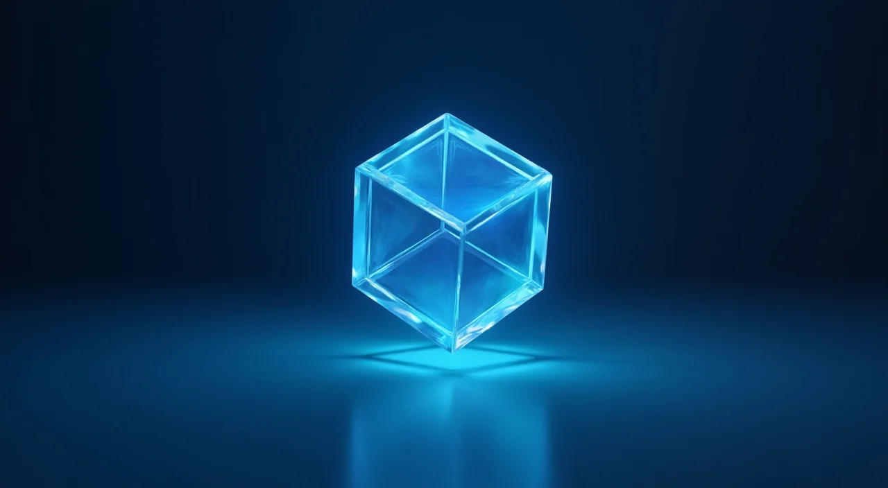 A solitary translucent geometric crystal representing unified database architecture, set against a deep dark blue and cyan background in a minimalist enterprise style.