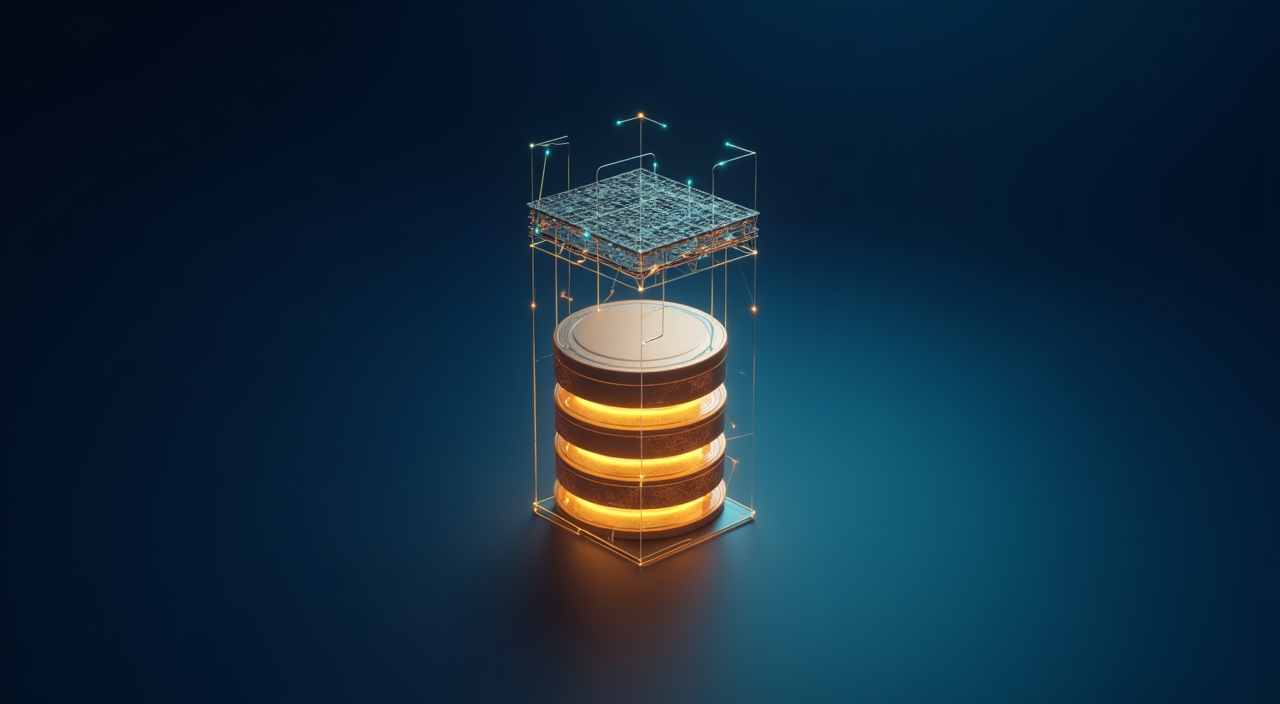 Abstract digital illustration of a secure SQL database anchor connected to a vector search layer, symbolizing a sovereign hybrid architecture for AI applications.