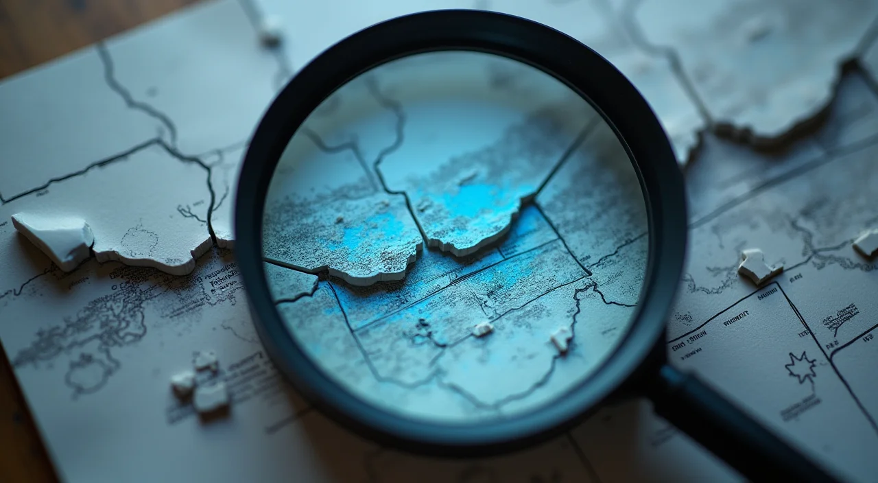Close-up of a magnifying glass inspecting a fine crack in a clear acrylic block resting on a linen surface