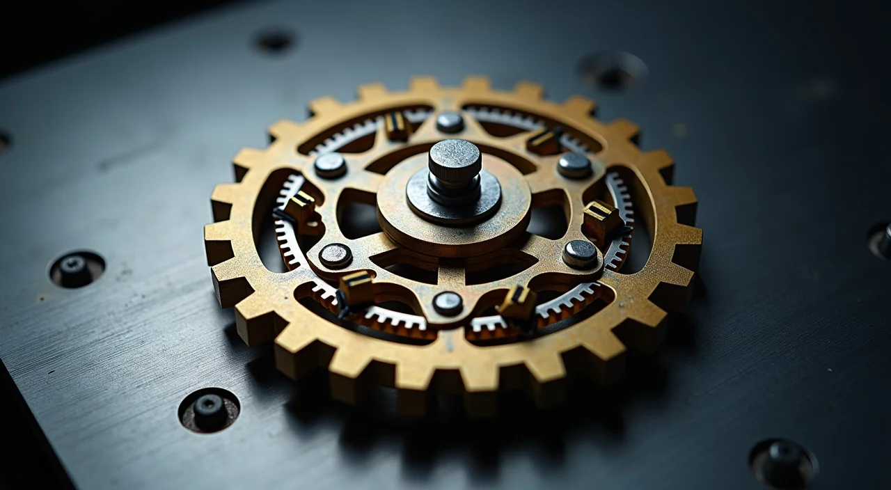 Macro view of precision interlocking metal gears on a brushed steel surface symbolizing distributed database consensus and high availability architecture.