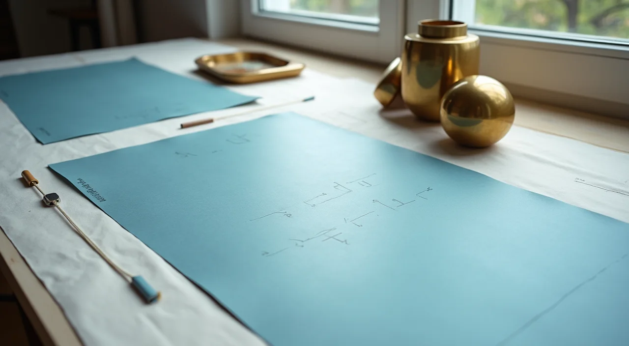 A technical blueprint table with blank sheets and brass weights, illustrating a structured architectural planning process for enterprise database migration.
