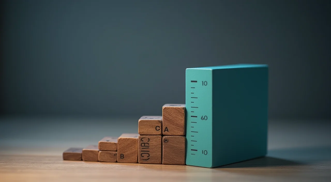 Stepped graphite gauge blocks on a walnut base under museum spotlight, representing precision evaluation for on-premises data platforms