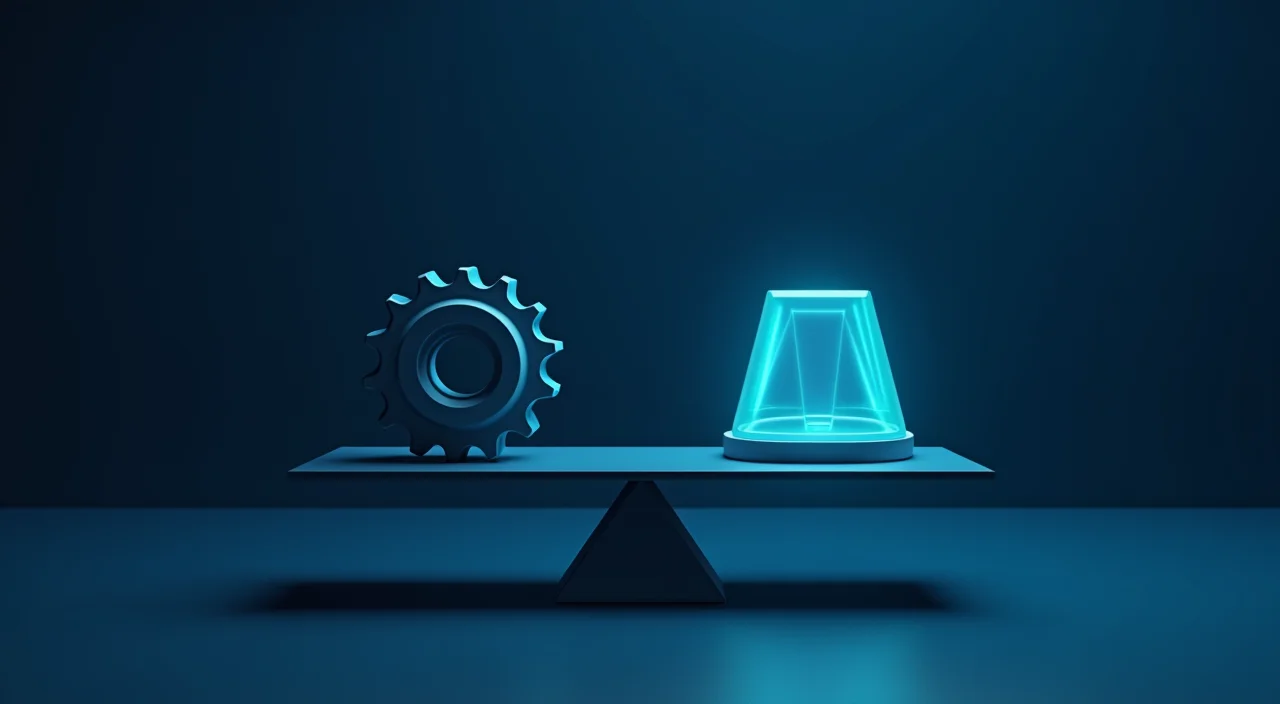 A minimalist editorial illustration of a balance scale comparing a gear and a geometric prism against a dark blue background, symbolizing the evaluation of high availability altern