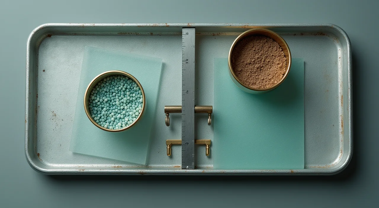 Two distinct material trays representing data consolidation versus specialization, lit by soft overhead light on a linen surface.
