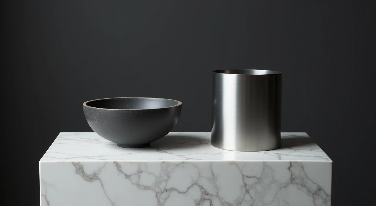 Comparison of ceramic bowl and brushed metal cylinder on marble plinth representing database architecture choices
