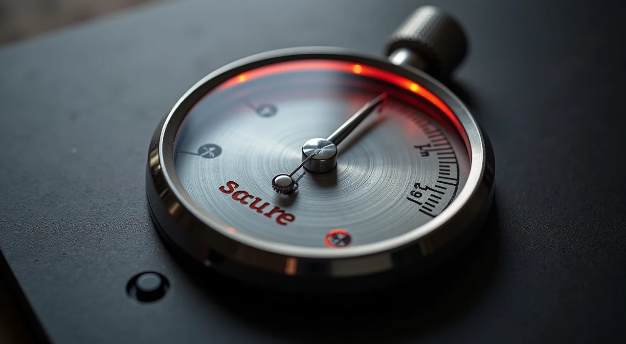 A precision industrial calibration gauge with a needle indicating a secure verification mark, symbolizing commercial accountability and rigorous testing for enterprise database mig