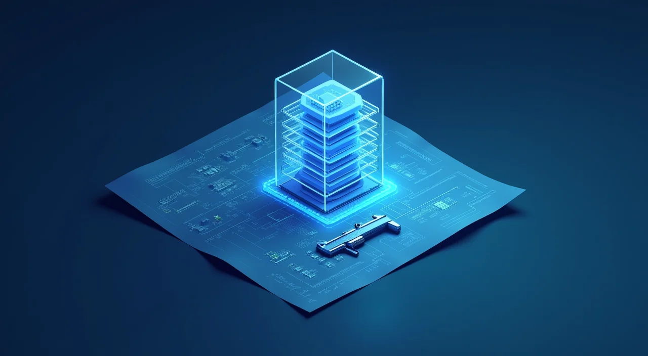 A minimalist editorial illustration showing a database blueprint and precision measuring tools on a dark blue surface, symbolizing the engineering rigor of measuring Oracle compati